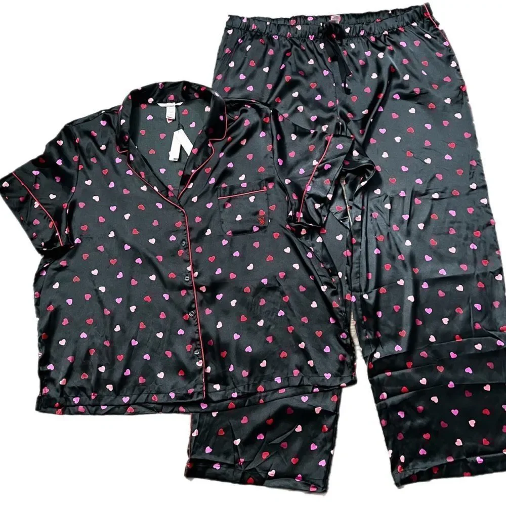 Victorias Secret Hearts SATIN button down top & bottoms pant pajama Set XXL